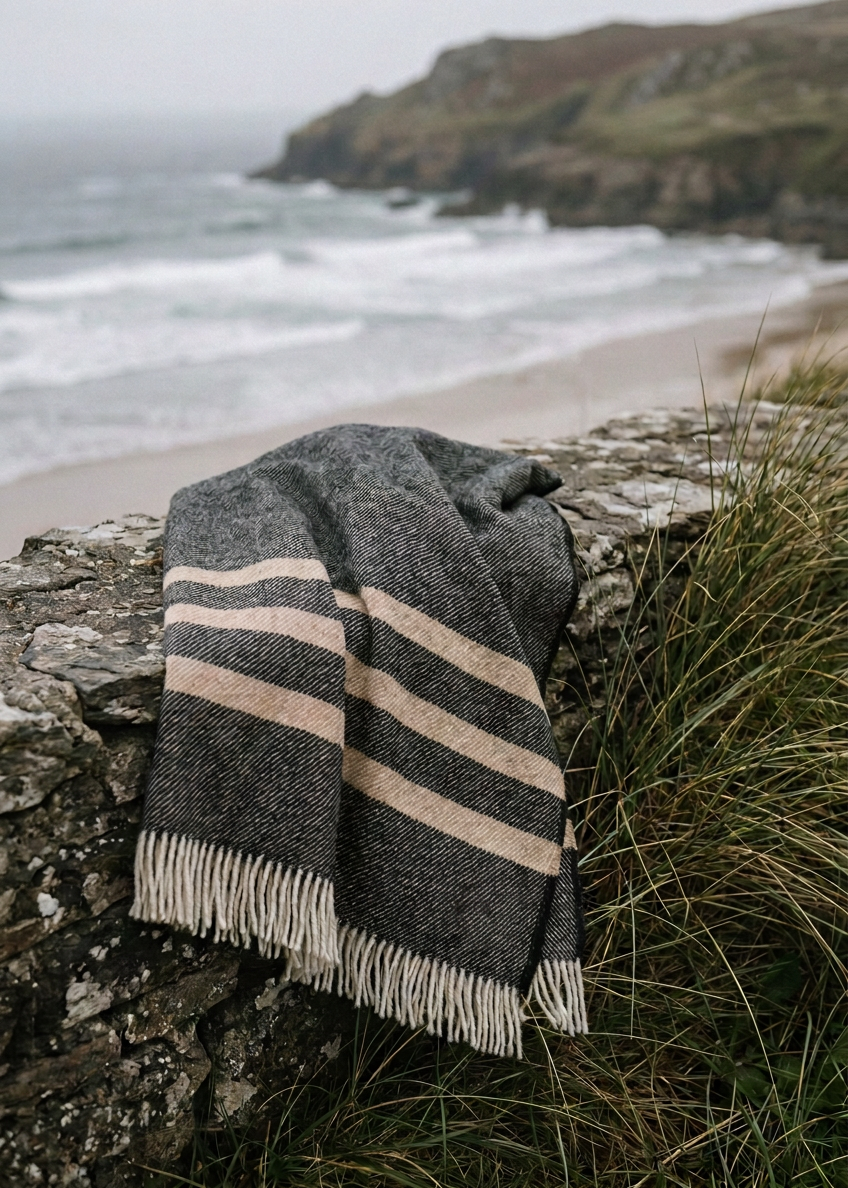 McNutt Navy & Cream Striped Pure Wool Throw 200 × 150cm