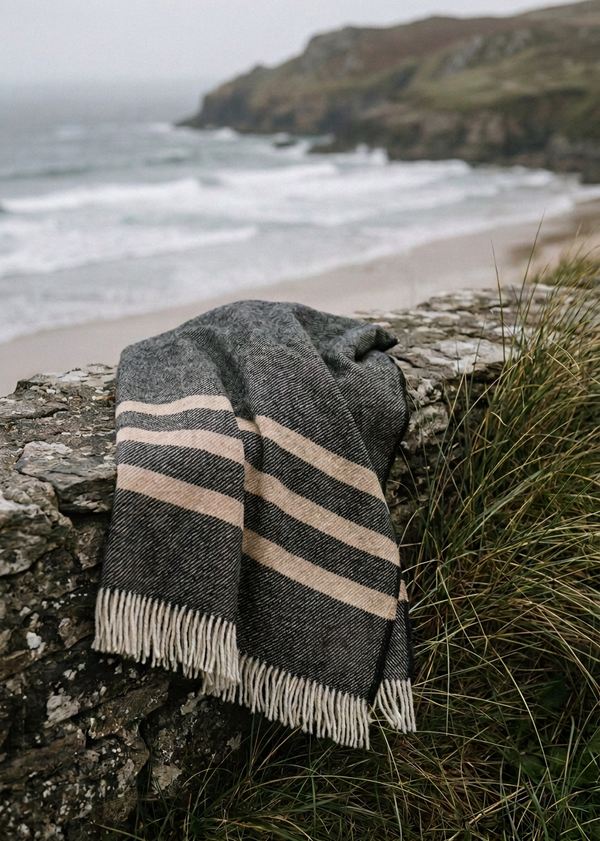 McNutt Navy & Cream Striped Pure Wool Throw 200 × 150cm