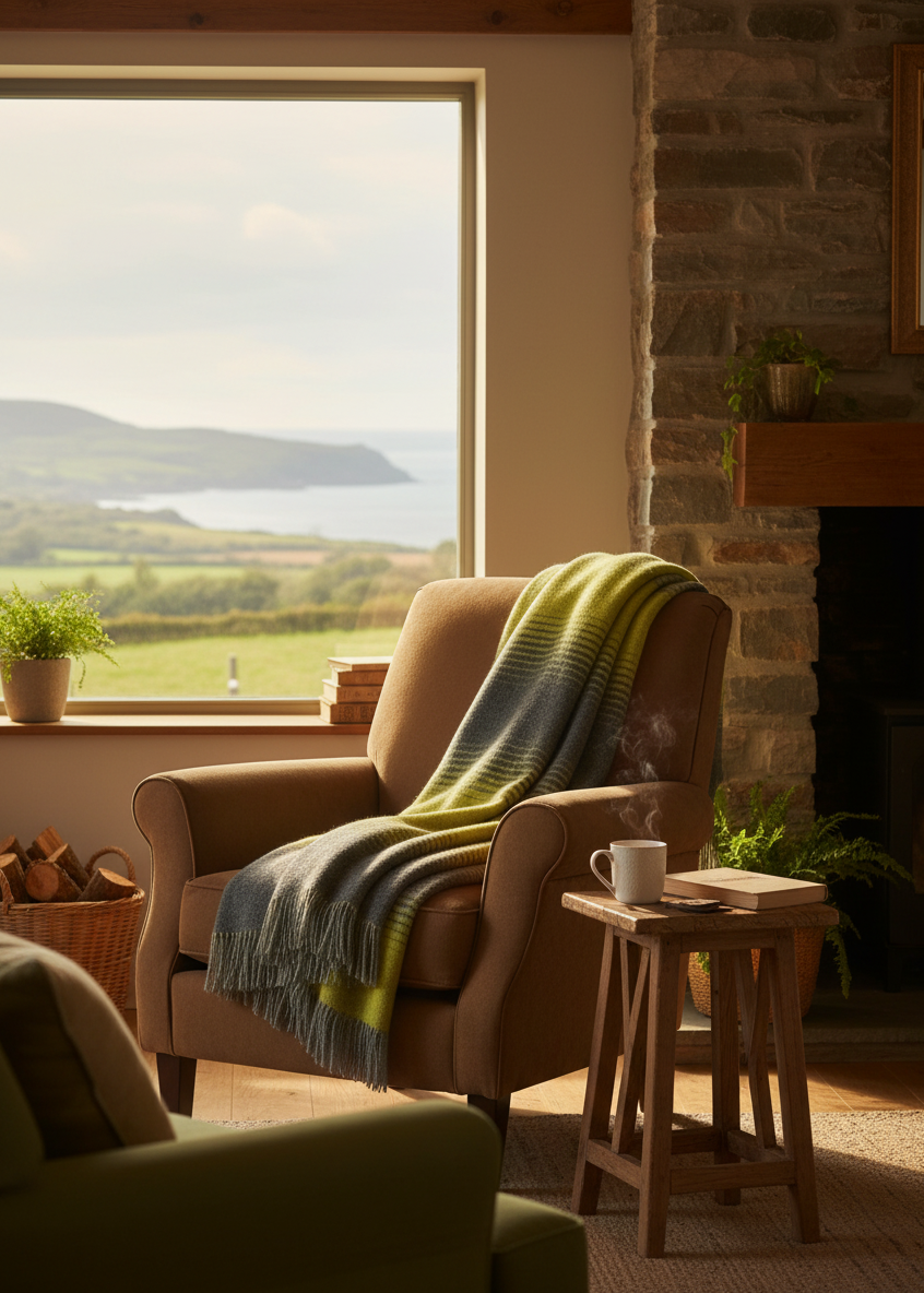 McNutt Blanket on Armchair-Mcnutt Wool Blanket | Starry Night Yellow | 100% Pure Irish Wool