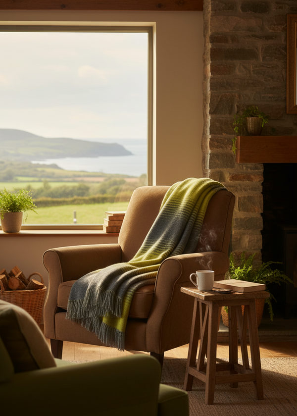 McNutt Blanket on Armchair-Mcnutt Wool Blanket | Starry Night Yellow | 100% Pure Irish Wool