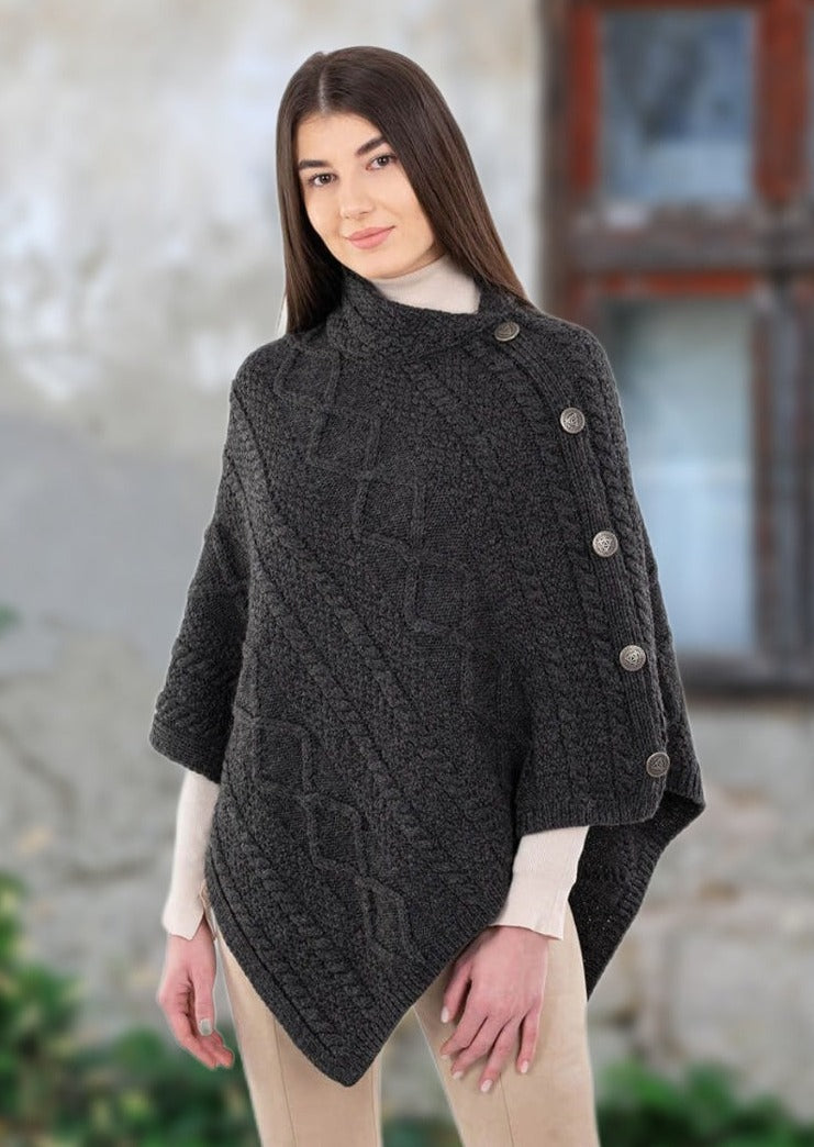 Cable Knit Cowl Neck Aran Poncho | Charcoal