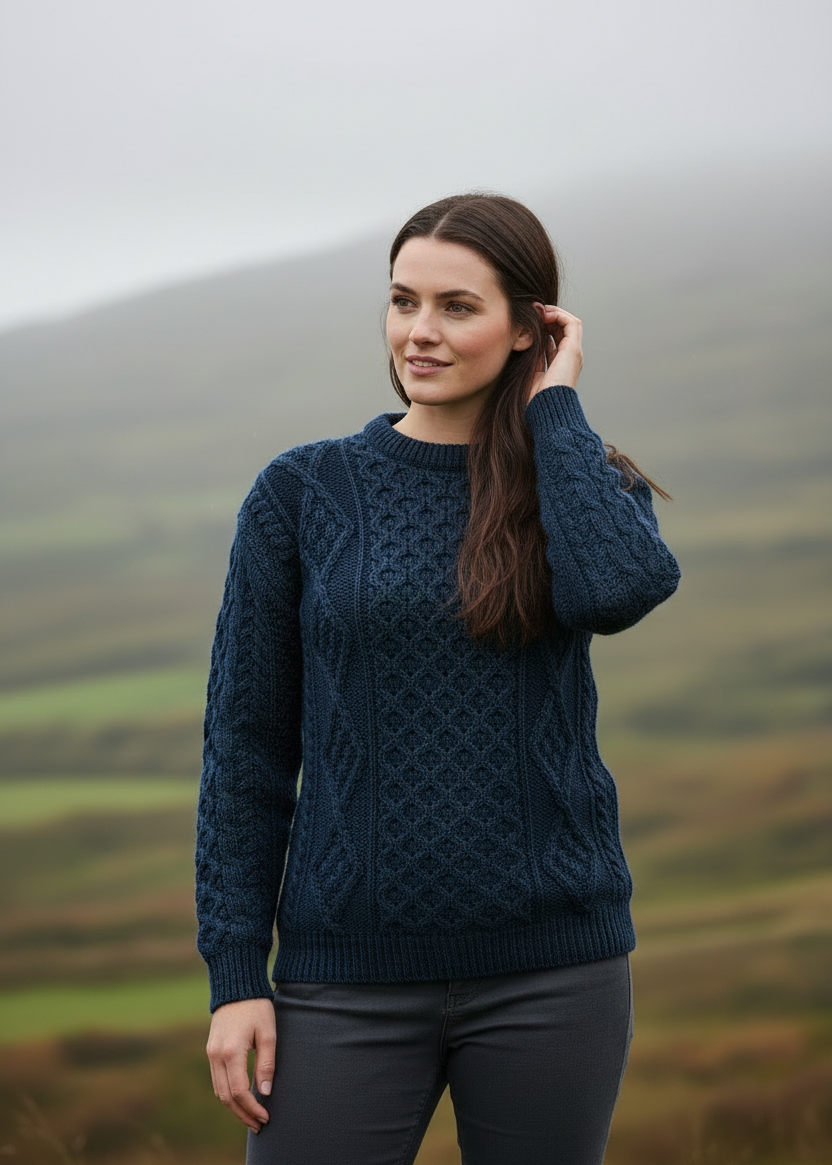 Model adjusting hair-Unisex Aran Wool Sweater | Traditional Irish Knitwear | Navy & Green