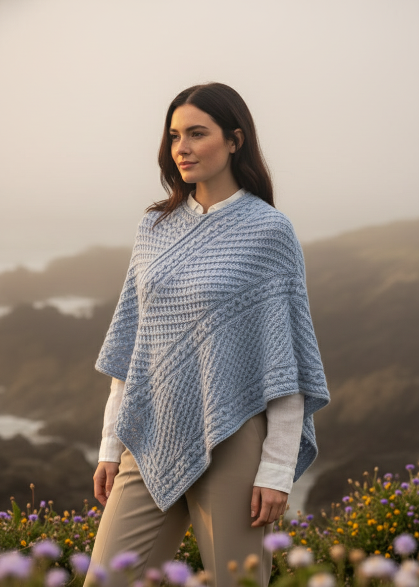 Sky Blue Aran Merino Wool V Poncho | Irish Cable Knit