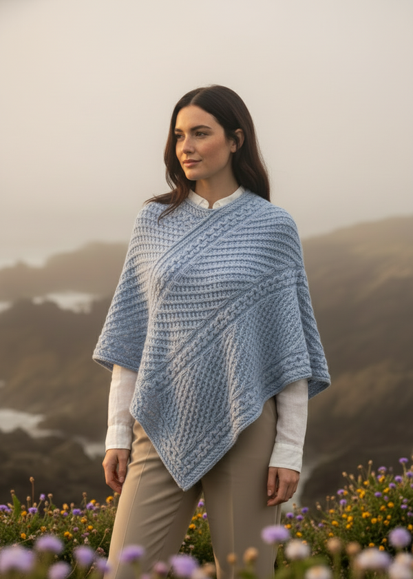Sky Blue Aran Merino Wool V Poncho | Irish Cable Knit