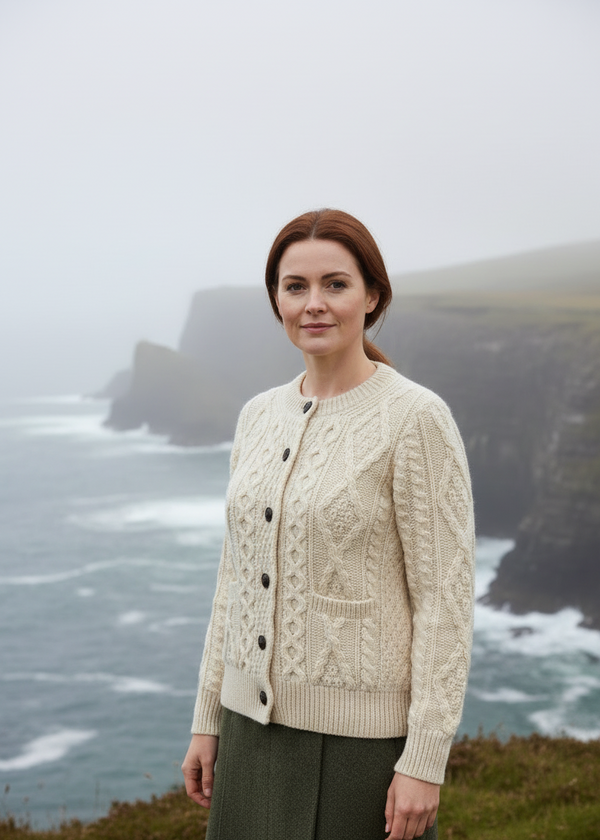 Model on coastal cliffs-Ladies Aran Cardigan | 100% Irish Wool | Natural Cream
