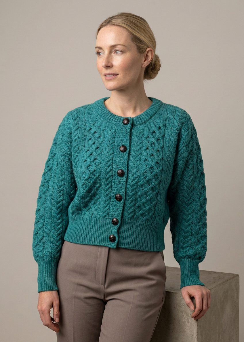 A woman wearing a teal cable-knit cropped cardigan sweater with dark buttons, paired with taupe trousers, standing next to a concrete block against a neutral beige background.