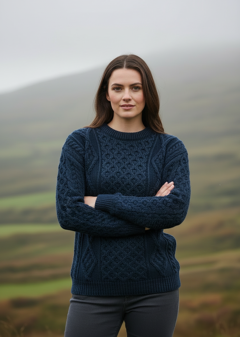 Model with arms crossed-Unisex Aran Wool Sweater | Traditional Irish Knitwear | Navy & Green