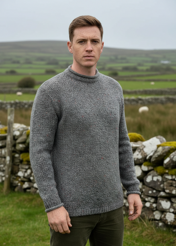 Roll Neck Merino Wool Fisherman Sweater | Grey Fleck