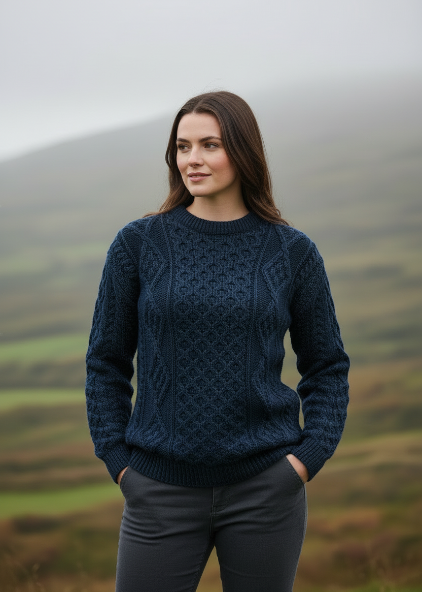 Model with hands in pockets-Unisex Aran Wool Sweater | Traditional Irish Knitwear | Navy & Green