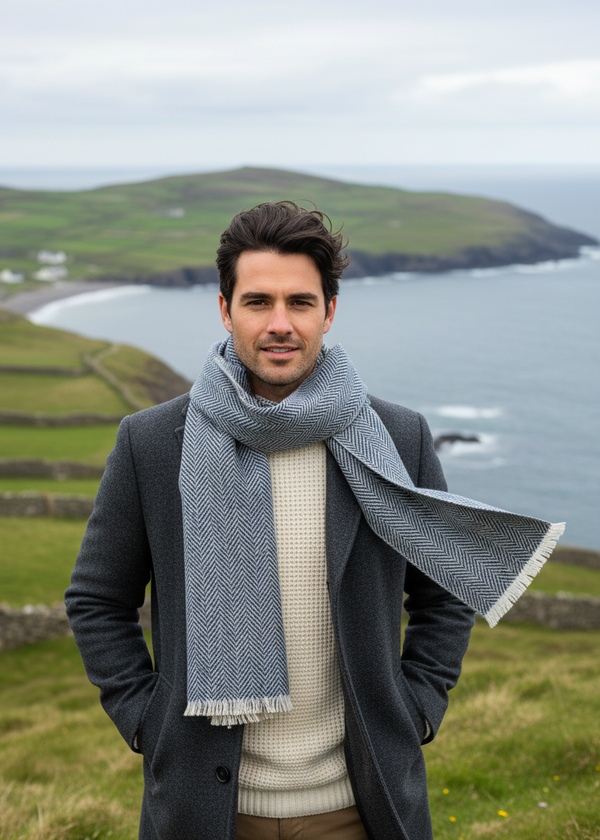 Mucros Blue Herringbone Scarf - Male Model Lifestyle