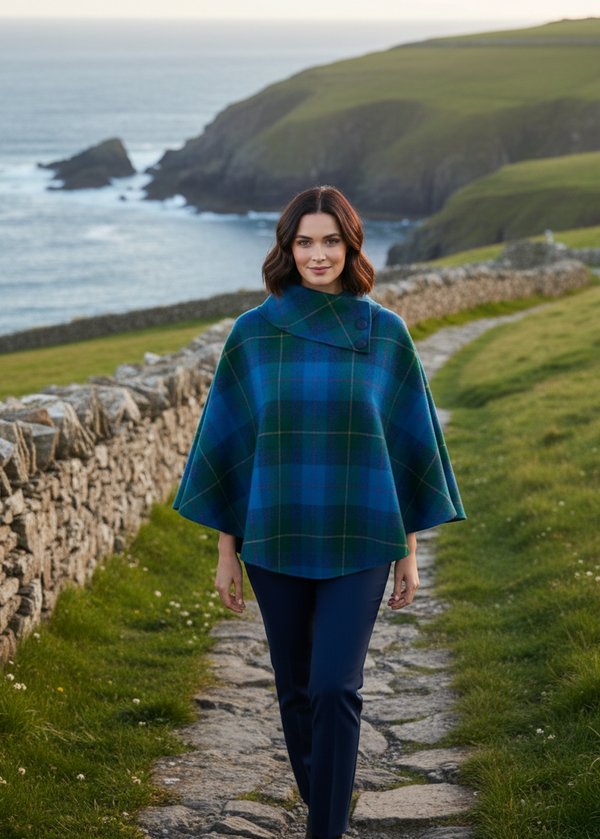 Mucros Poncho | Luxury Wool Tweed | Green Blue Check