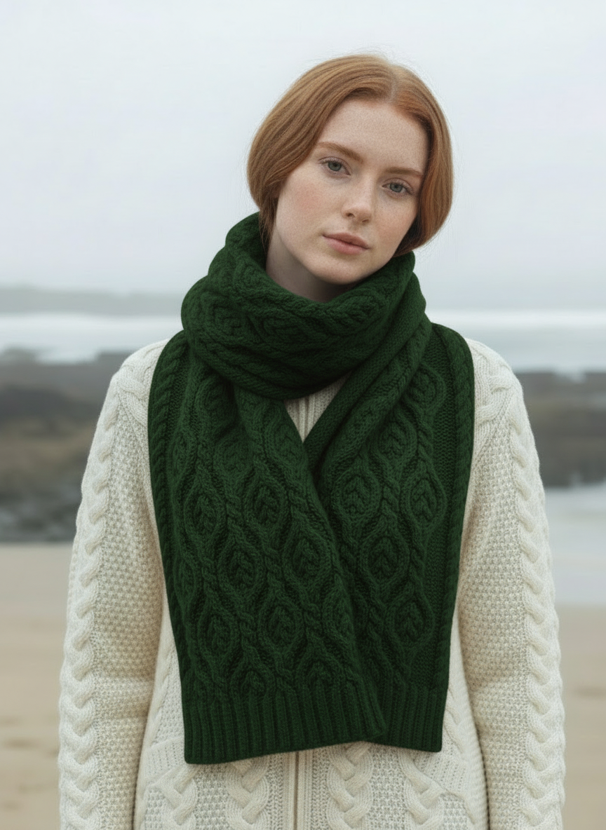 Aran Leaf Design Scarf | Green