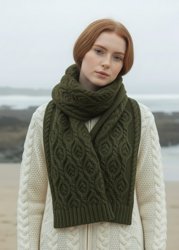 Aran Leaf Design Scarf | Green