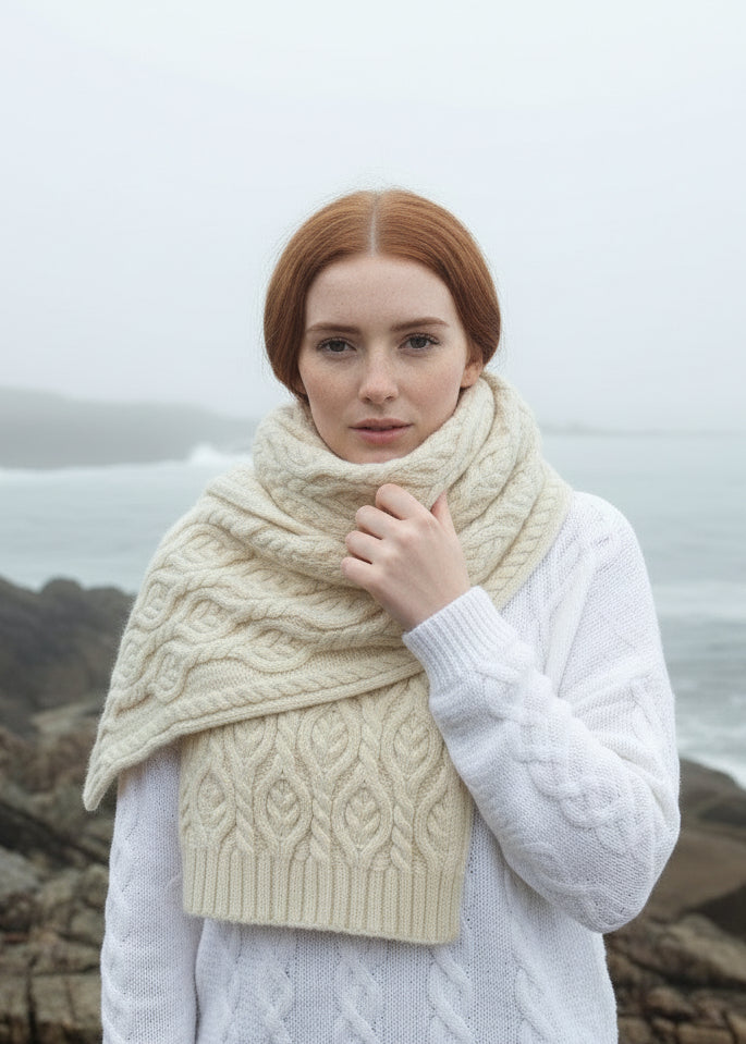 Aran Leaf Design Scarf | Natural - Clearance