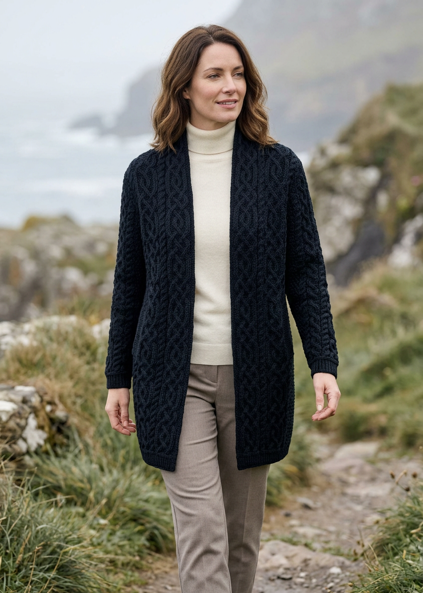 Aran Crafts Women's Black Celtic Braid Edge-to-Edge Merino Wool Coat - Clearance