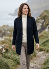 Aran Crafts Women's Black Celtic Braid Edge-to-Edge Merino Wool Coat - Clearance