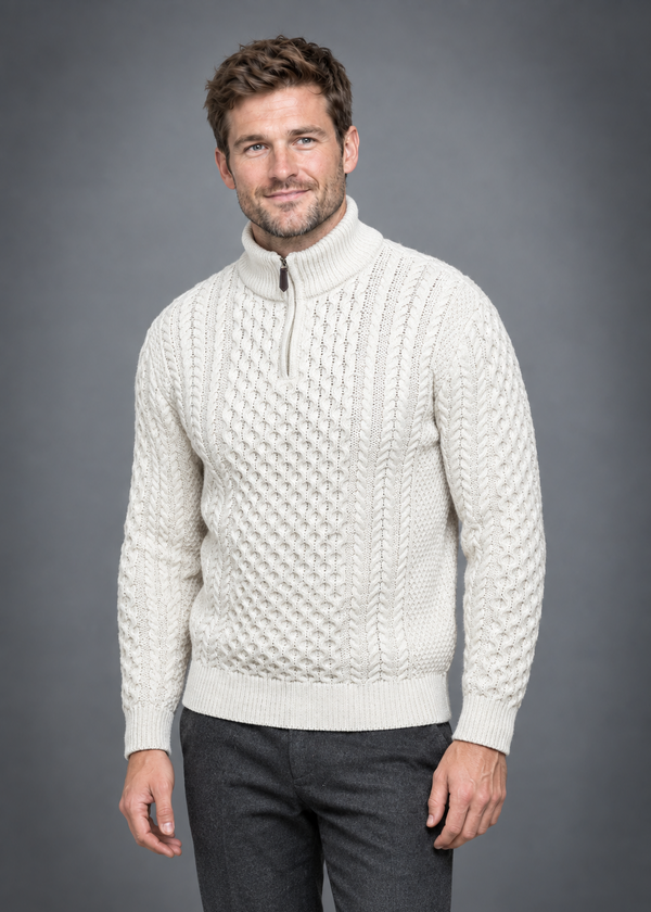 Men's Aran Half Zip Sweater - Natural | 100% Merino Wool | Cable Knit