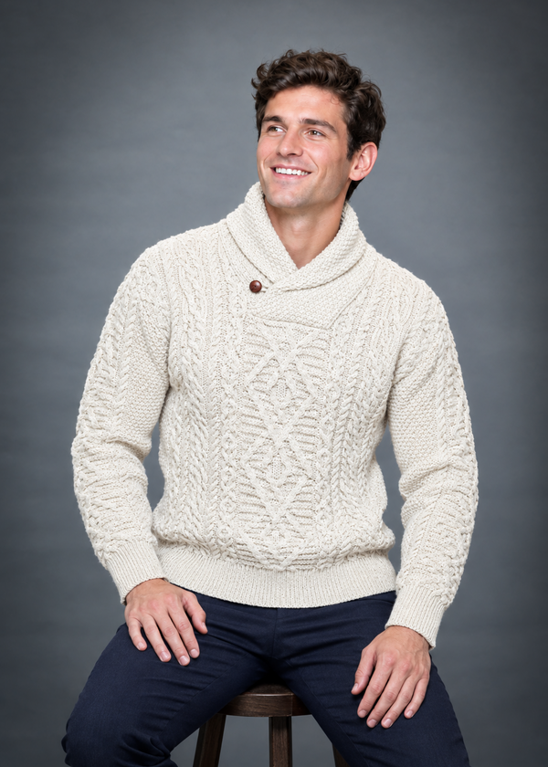 Men's Aran Shawl Neck Sweater | Natural Merino Wool