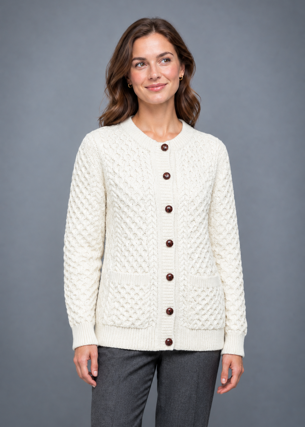 Natural cardigan, front-facing studio pose