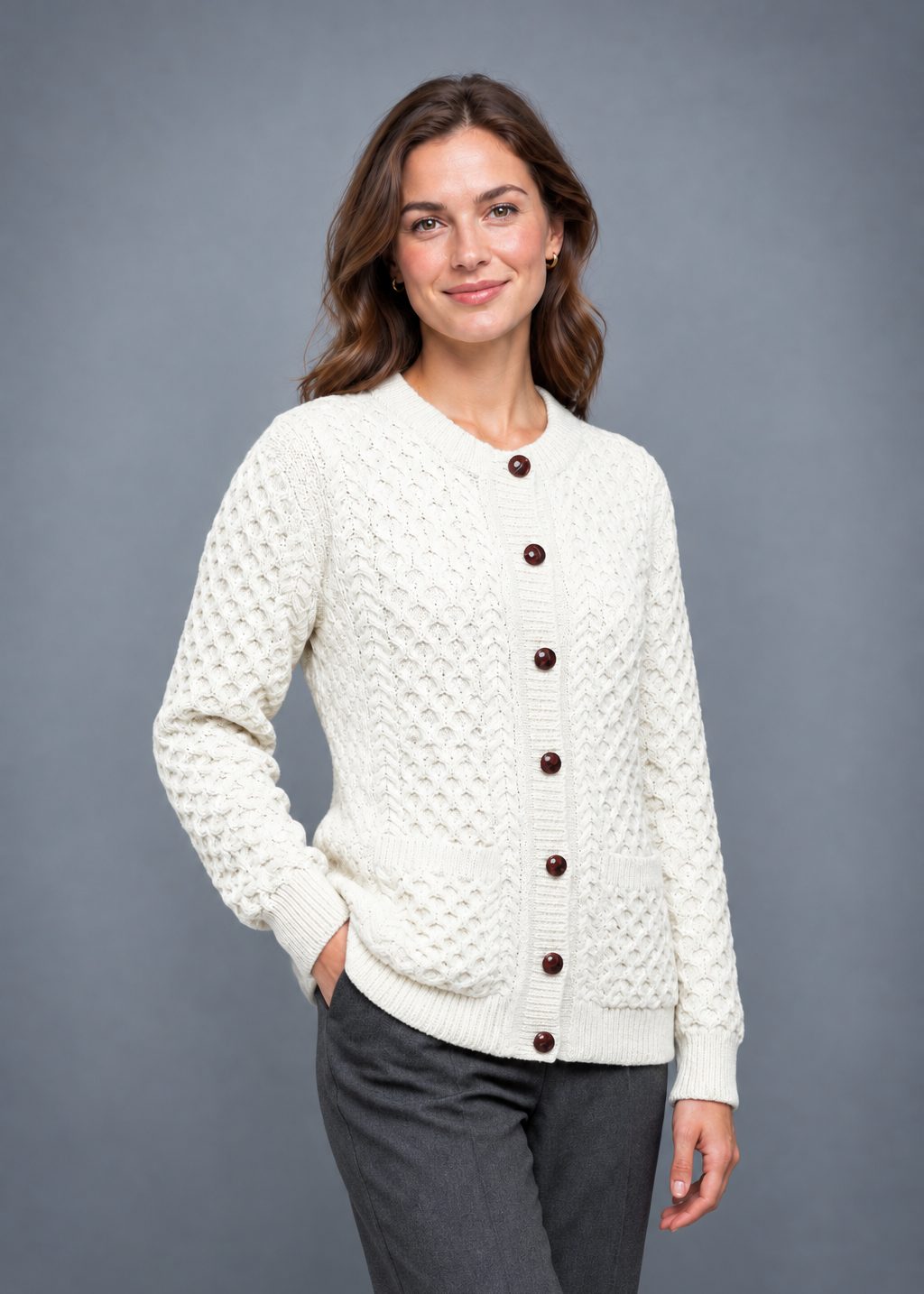 Natural cardigan, three-quarter studio pose