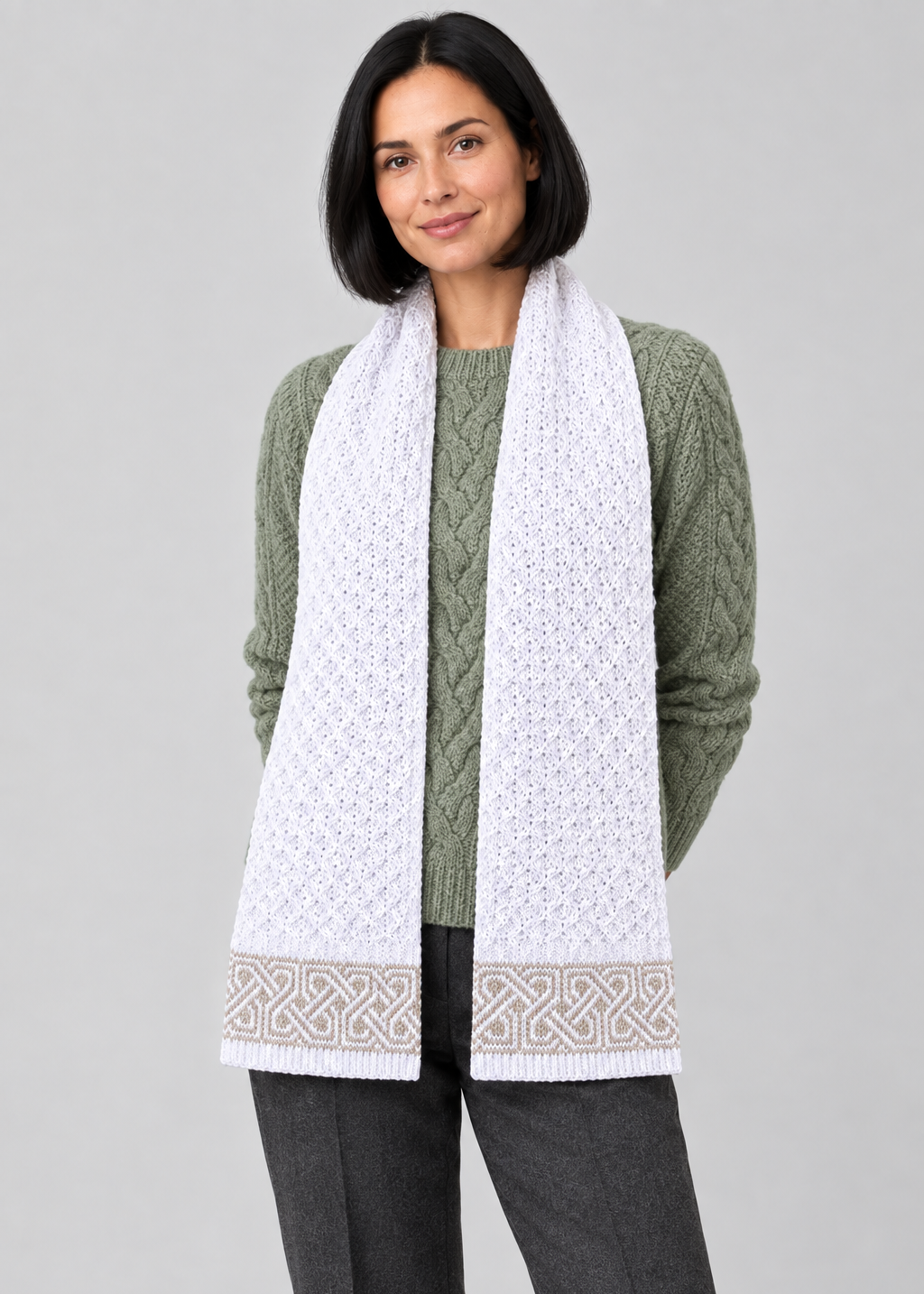 Natural Celtic scarf, angled studio pose