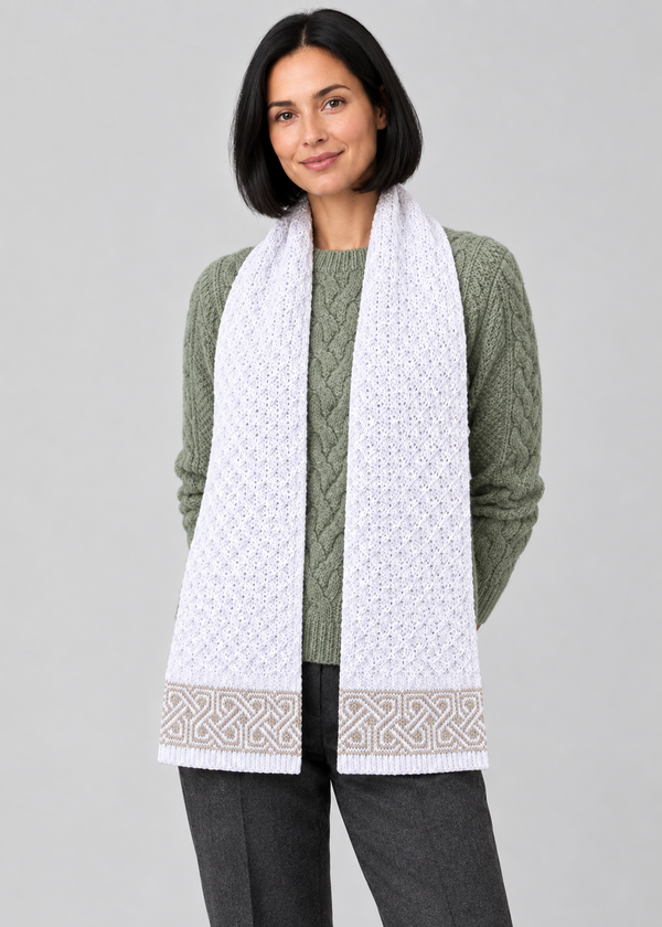 Natural Celtic scarf, angled studio pose