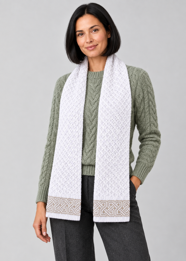 Natural Celtic scarf, standing studio pose