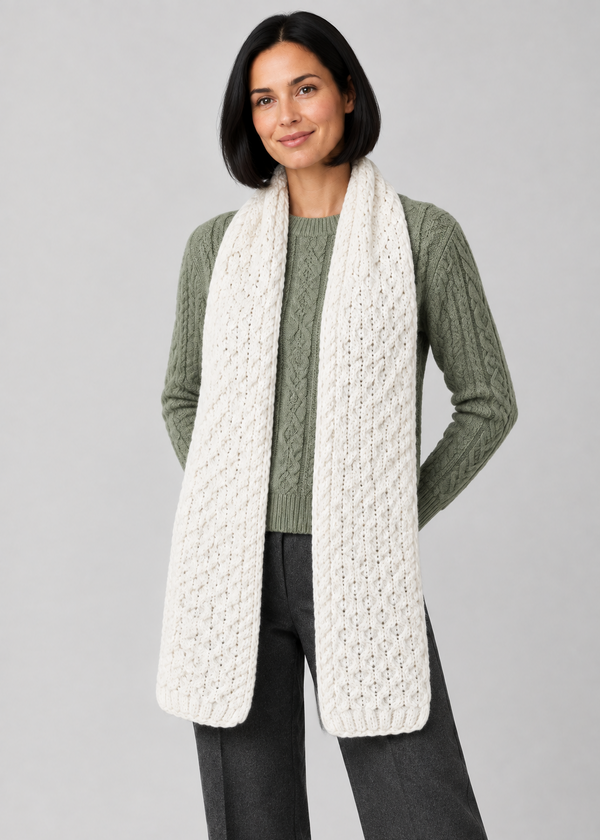 Natural honeycomb scarf, angled studio pose