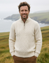 Men's Aran Half Zip Sweater - Natural | 100% Merino Wool | Cable Knit