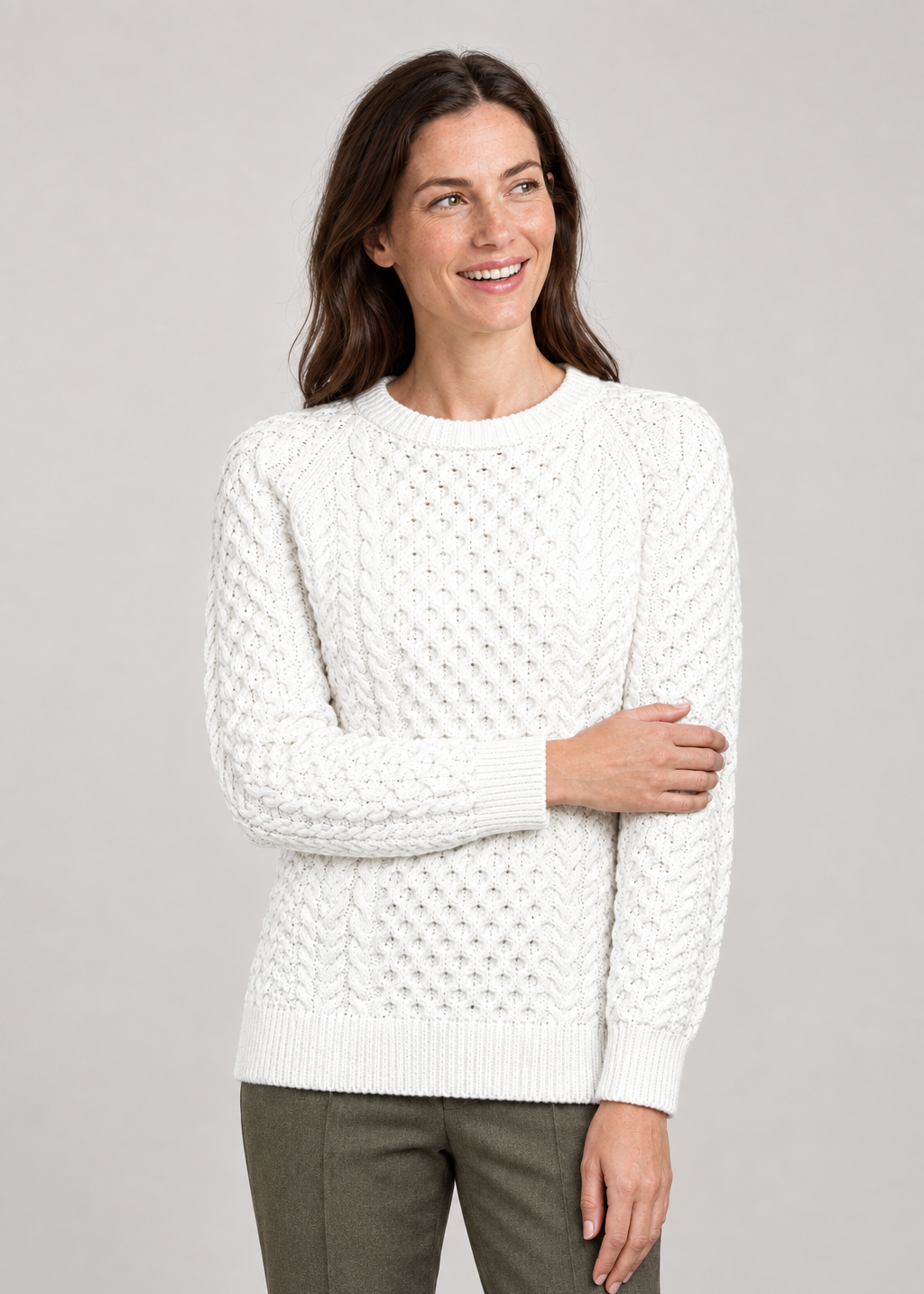 Ladies Slim-Fit Aran Sweater | Premium Merino Wool | Natural