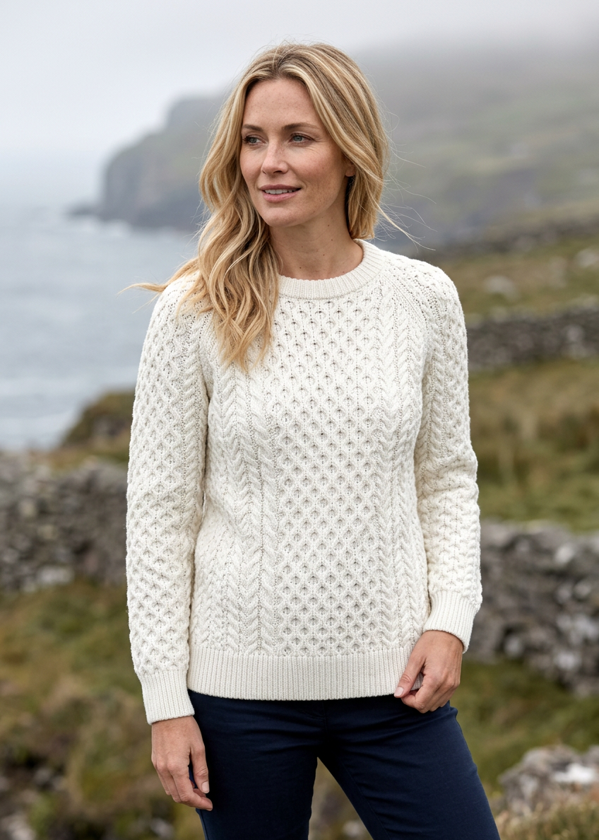 Ladies Slim-Fit Aran Sweater | Premium Merino Wool | Natural