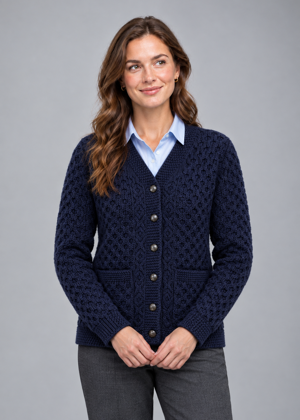 Navy cardigan, front-facing pose