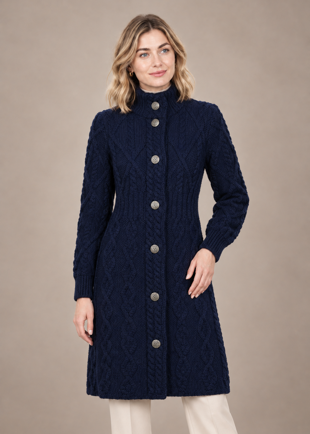 Aran Cable Signature Coat | Navy | 100% Merino Wool | Made in Ireland