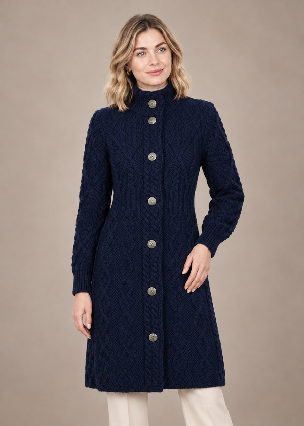 Aran Cable Signature Coat | Navy | 100% Merino Wool | Made in Ireland