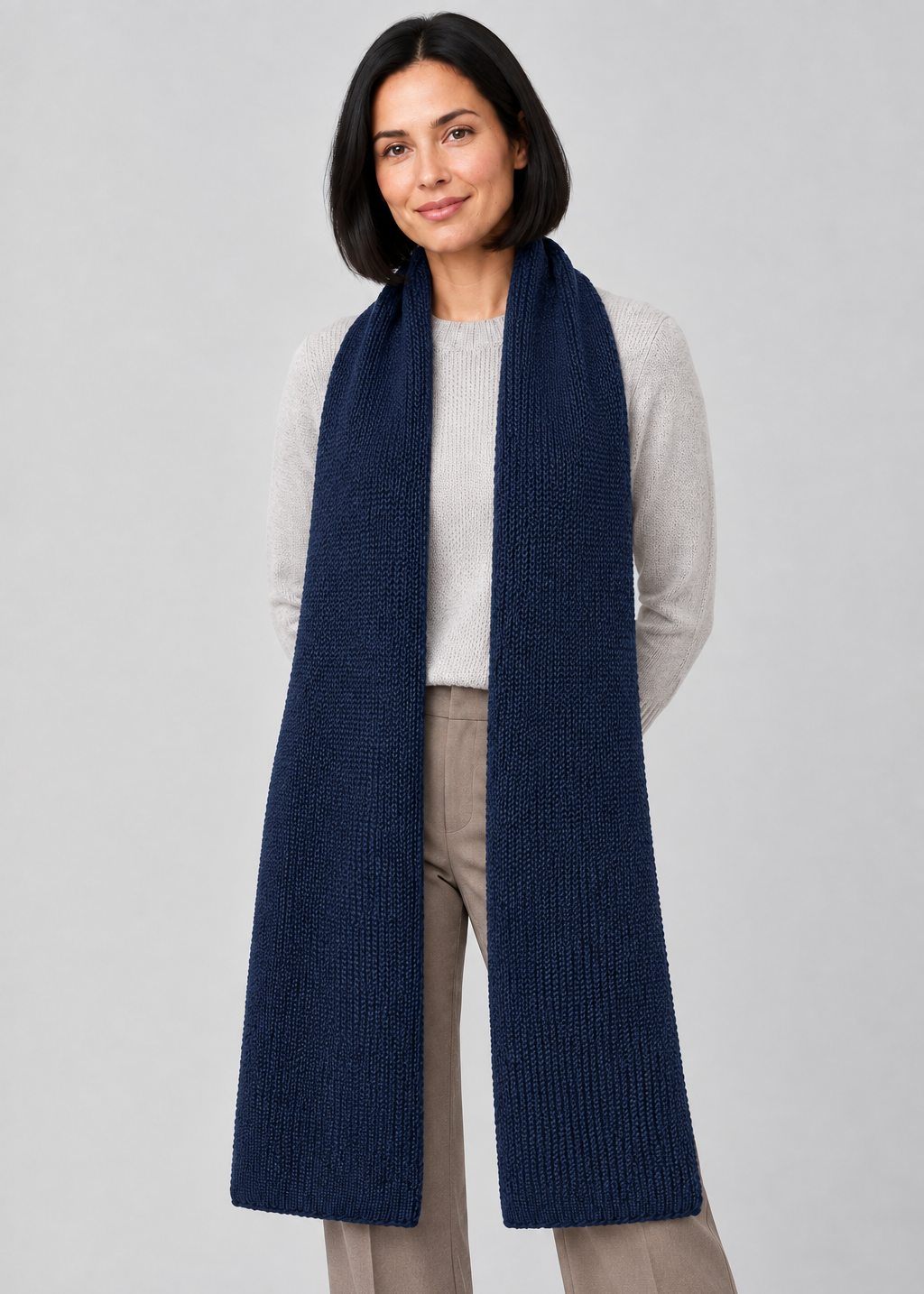 Navy scarf front-facing studio pose