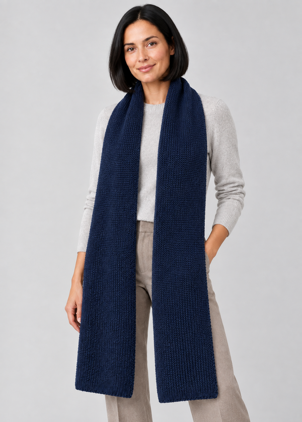 Navy scarf three-quarter studio pose
