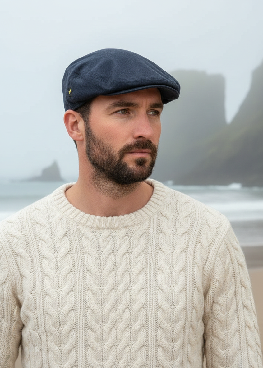Navy Waxed Flat Cap with Male Model