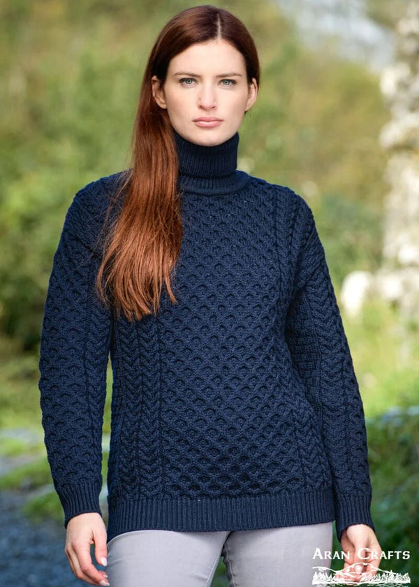 Unisex Aran Merino Polo Neck Sweater | Navy | Premium Irish Wool Knitwear
