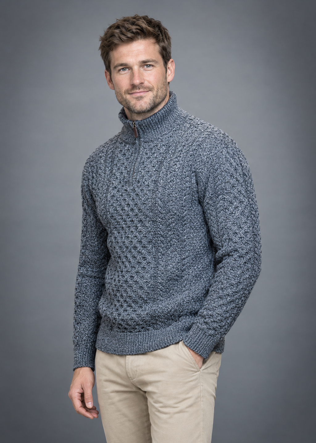 Aran Cable Knit Half Zip Sweater - 100% Merino Wool | Slate
