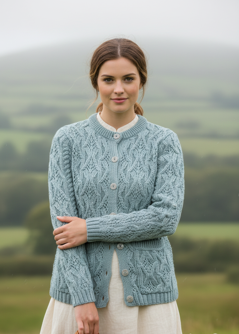 Aran Lace Style Lumber Cardigan | Mermaid Blue | 100% Merino Wool