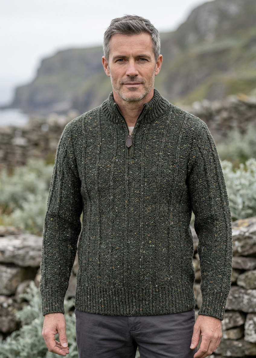 Men’s Flecked Merino Wool Quarter Zip Fisherman Sweater | Green 