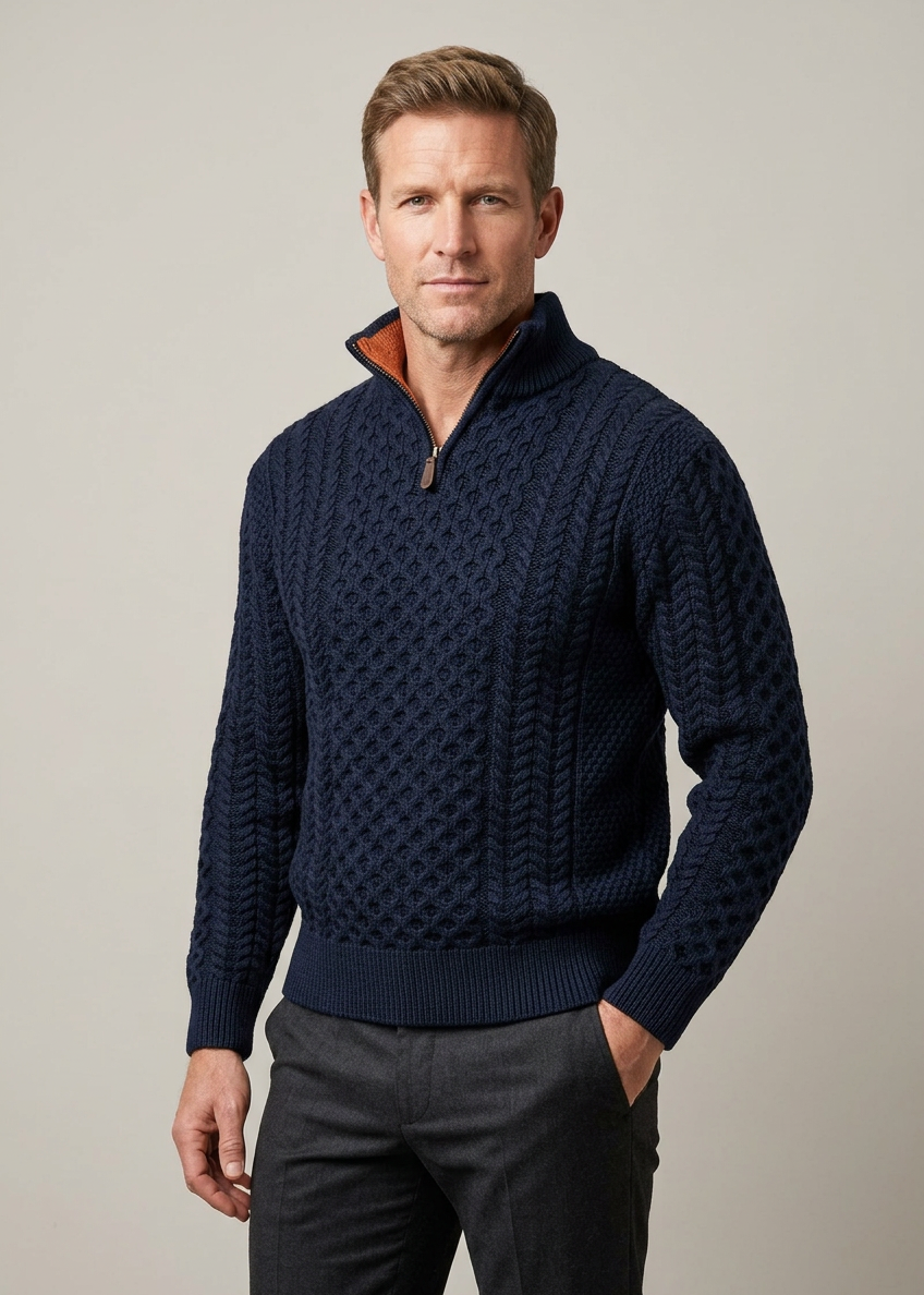 Men's Merino Wool Aran Half Zip Sweater | Navy