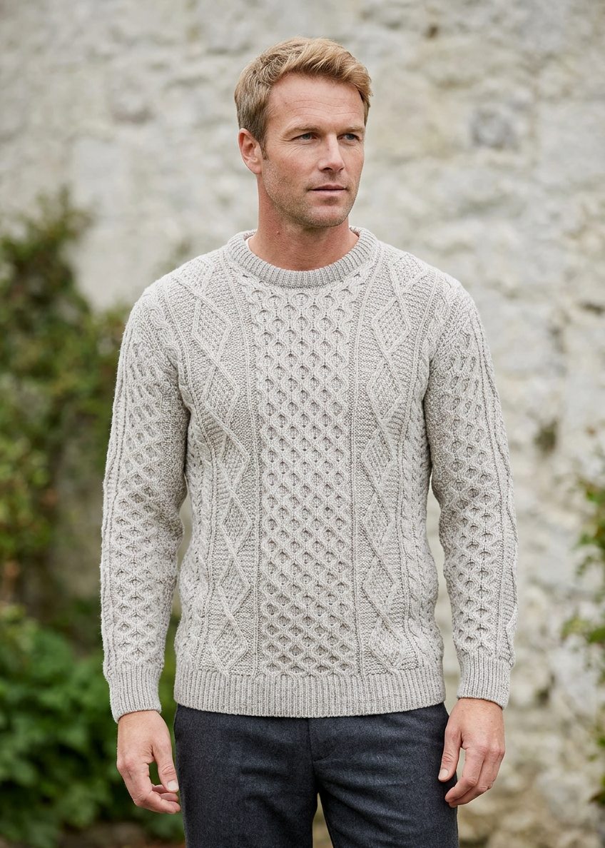 Mens Traditional Aran Supersoft Merino Sweater | Grey