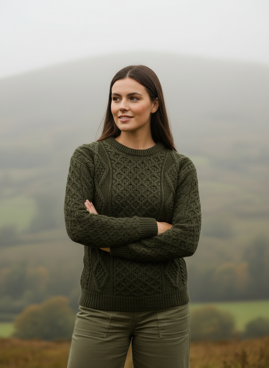 New lifestyle pose 1-Unisex Aran Worsted Wool Sweater - Traditional Irish Cable Knit | Army Green