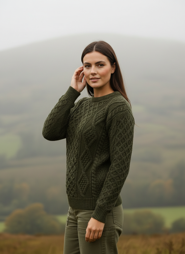 New lifestyle pose 2-Unisex Aran Worsted Wool Sweater - Traditional Irish Cable Knit | Army Green