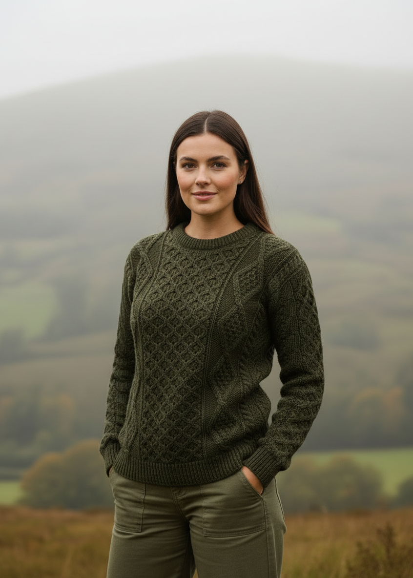 New lifestyle pose 3-Unisex Aran Worsted Wool Sweater - Traditional Irish Cable Knit | Army Green