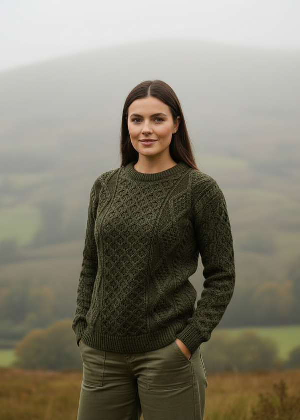 New lifestyle pose 3-Unisex Aran Worsted Wool Sweater - Traditional Irish Cable Knit | Army Green