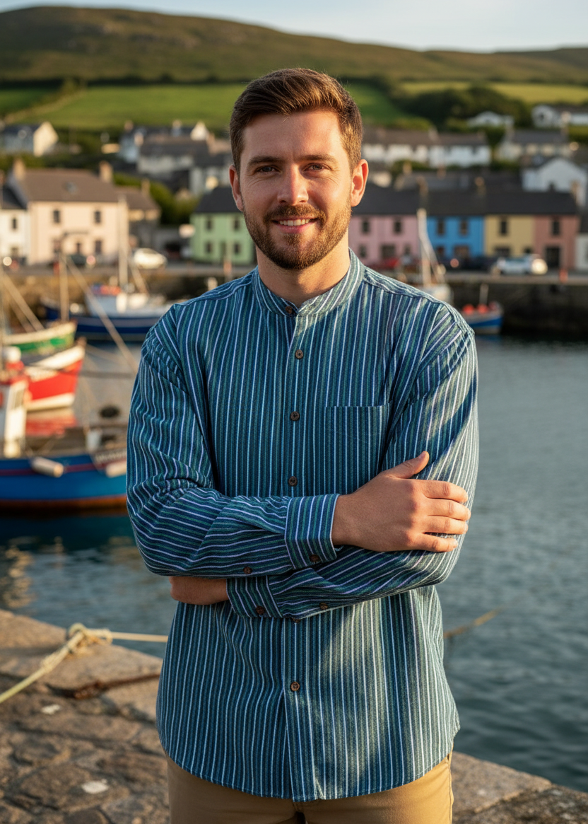 New male model in blue-green striped grandfather shirt - harbor pose