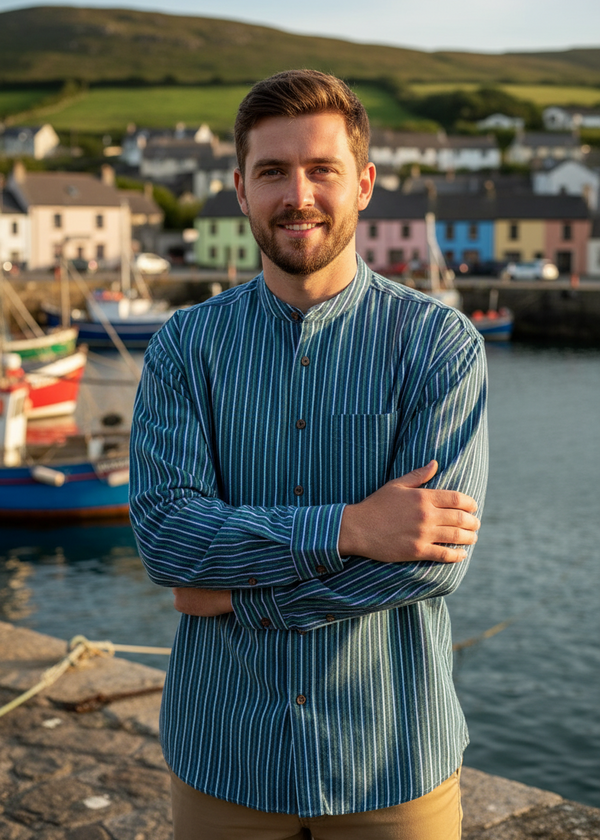 New male model in blue-green striped grandfather shirt - harbor pose