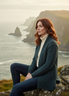 Herringbone Edge to Edge Aran Cardigan - Mallard Green | 100% Merino Wool- sitting pose
